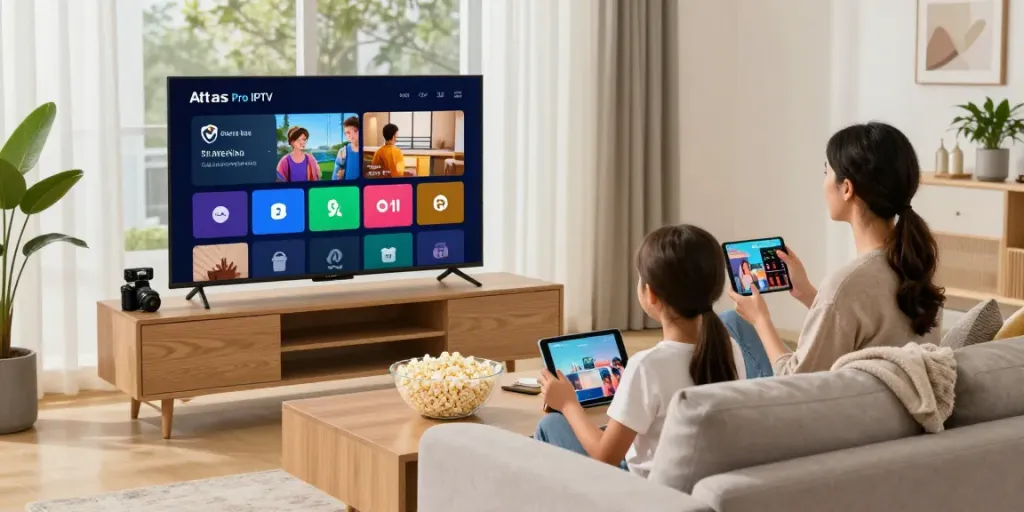 Une famille profitant d'Atlas Pro IPTV dans leur salon moderne, regardant la télévision ensemble.