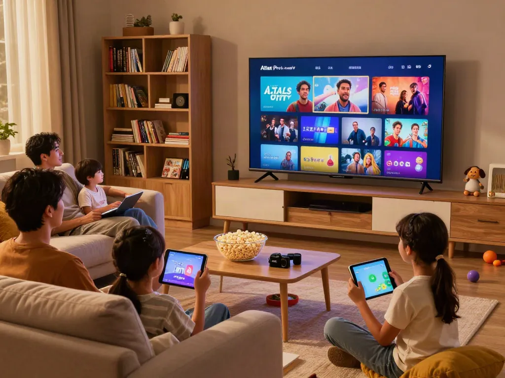 Famille profitant d'Atlas pro ontv dans un salon confortable avec une ambiance accueillante.